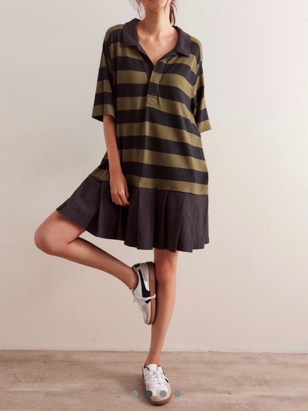 Free People Olive and Black Striped Polo Mini Dress